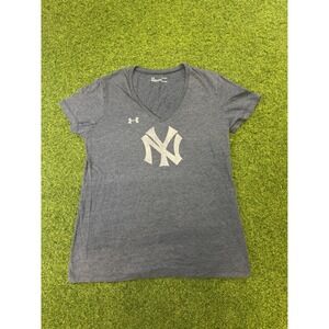 Under Armour New York Yankees HeatGear V-Neck T-Shirt Womens Large Navy Blue